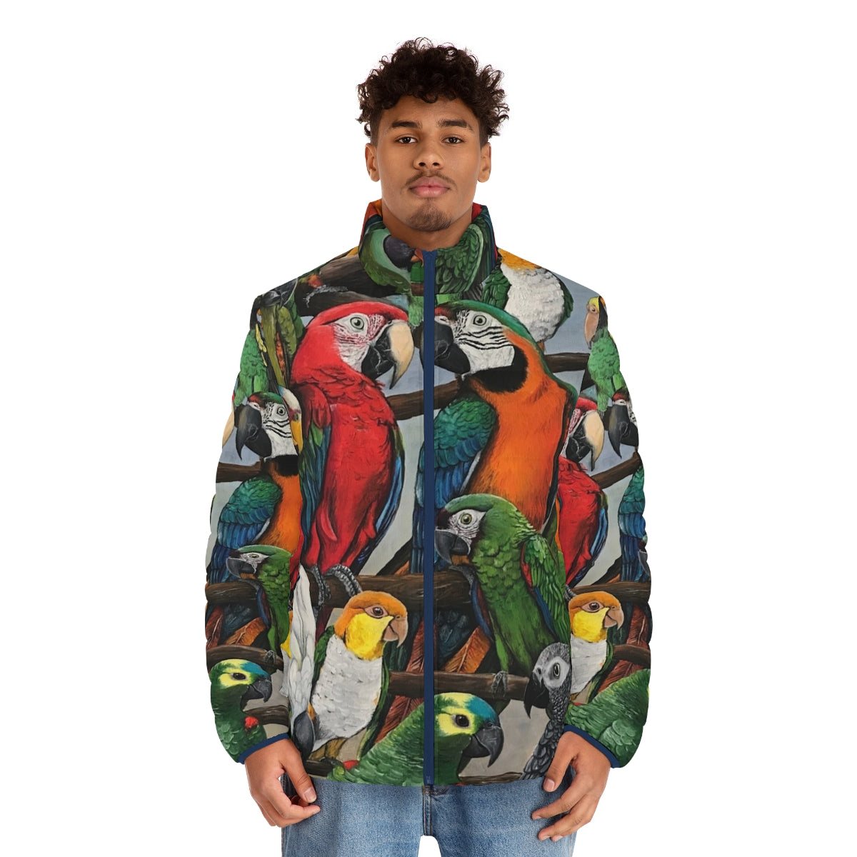 Exotic bird puffer jacket with vibrant bird designs - men front