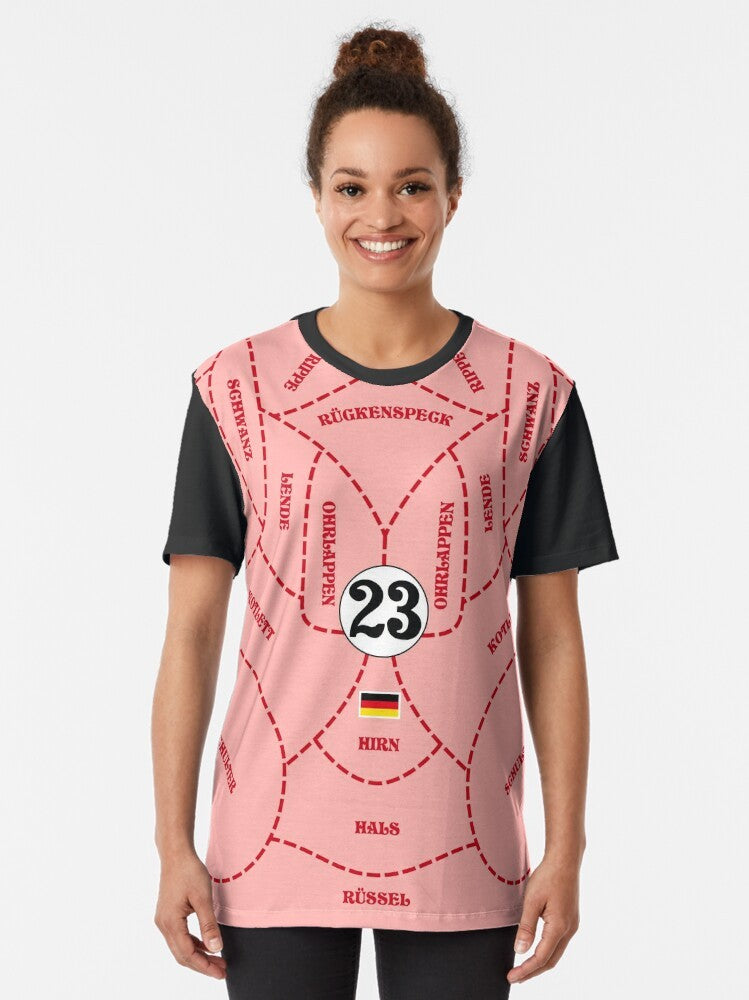 Porsche 917 racing car graphic design t-shirt featuring a vintage inspired livery with a pink pig motif - Women