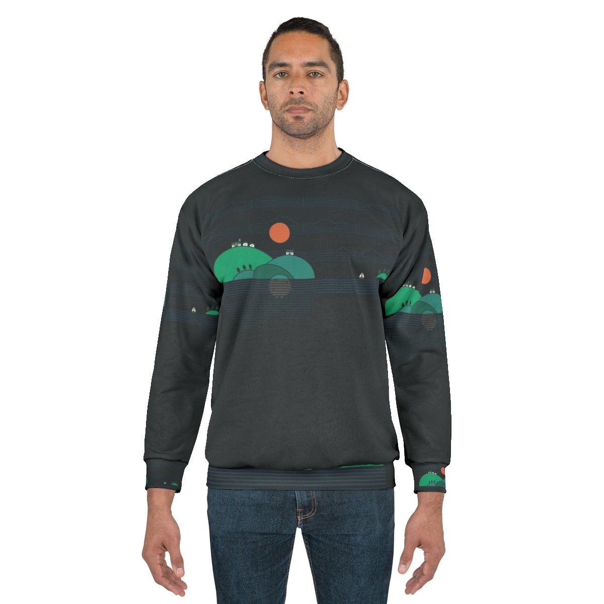 Island Folk Sweatshirt with acoustic guitar and sailing imagery - men