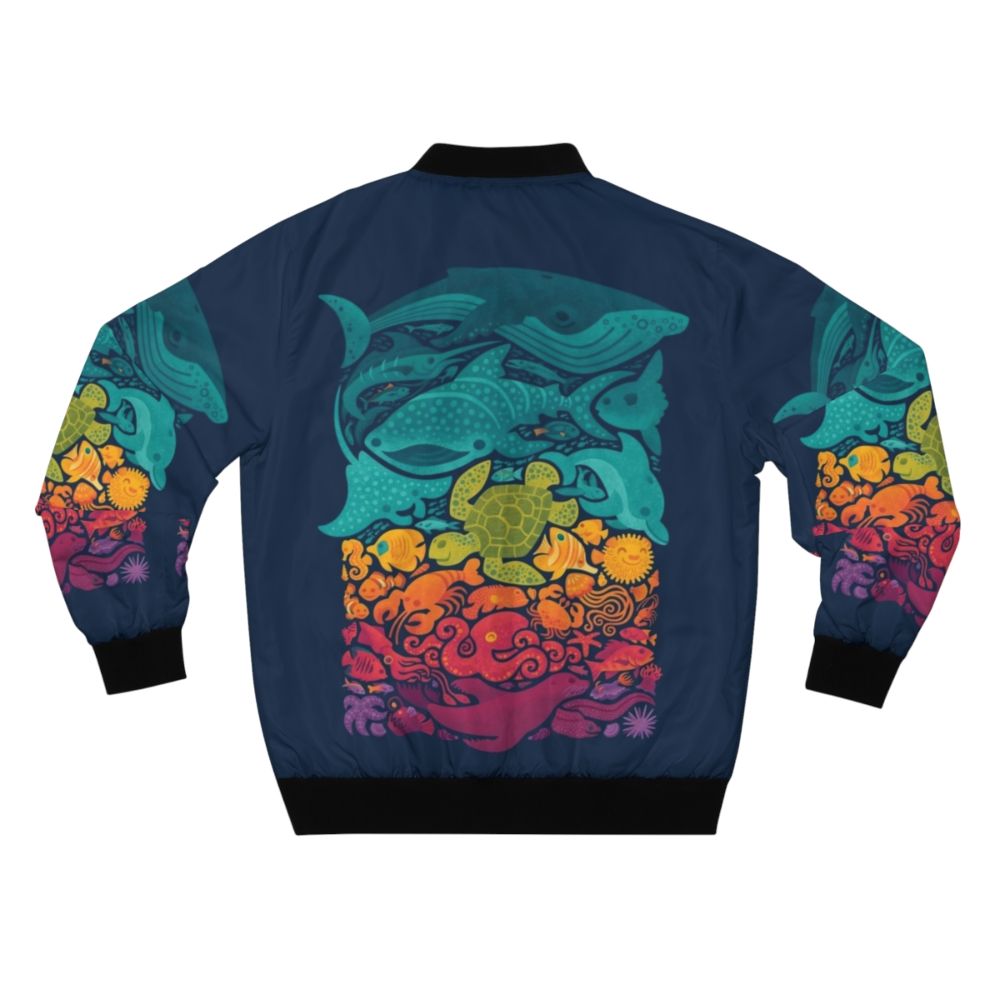 Aquatic Spectrum Bomber Jacket with Vibrant Sea Creature Design - Back