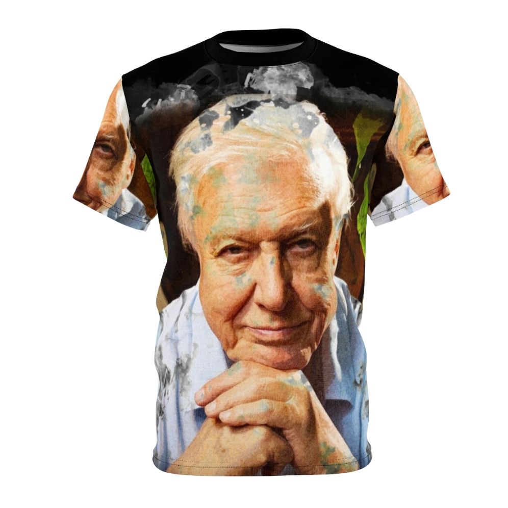 Watercolor portrait of David Attenborough, renowned naturalist and wildlife documentary presenter, on a t-shirt.