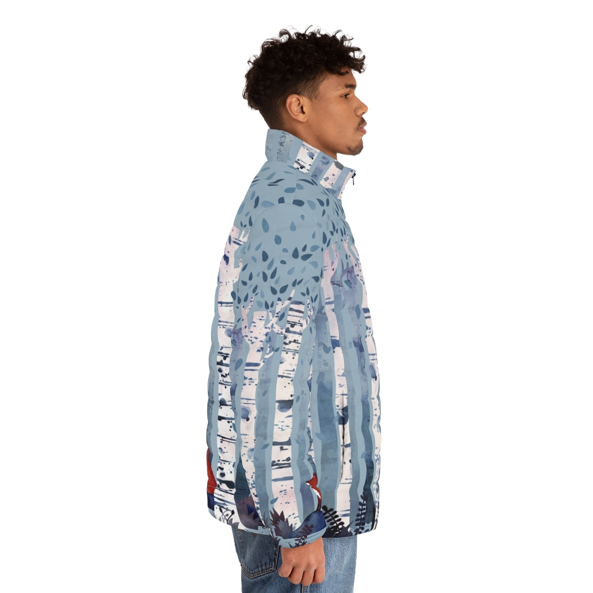 Blue watercolor puffer jacket with birchwood and nature motifs - men side right