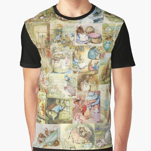 Beatrix Potter Collage Graphic T-Shirt featuring illustrations of Peter Rabbit, Jemima Puddle Duck, and other beloved characters