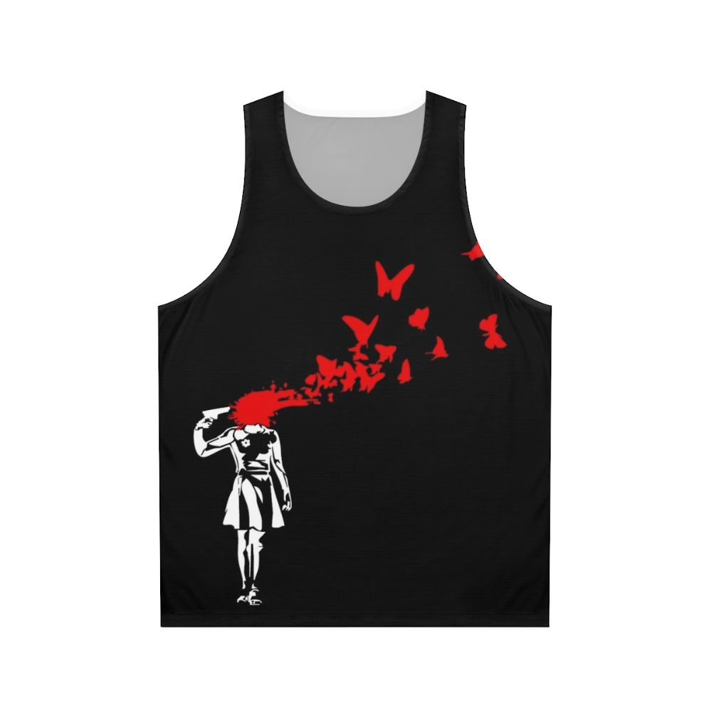 Banksy-inspired butterfly unisex tank top