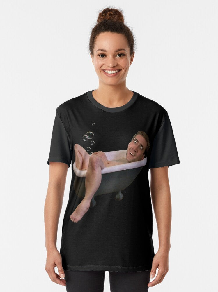 Graphic t-shirt featuring a funny image of Nicholas Cage taking a bath - Women