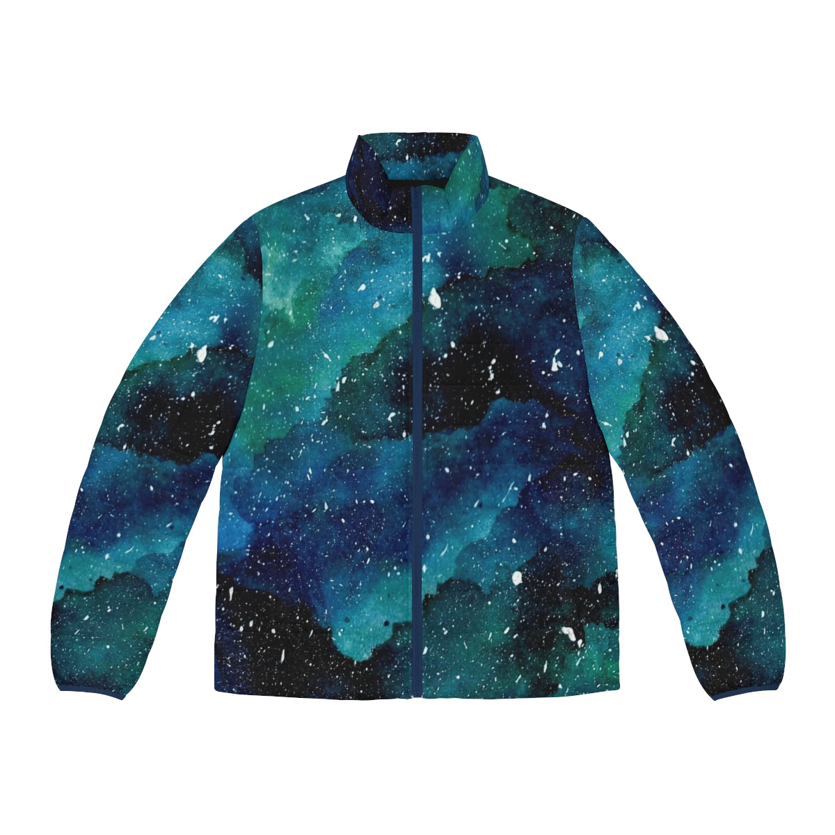 Emerald galaxy puffer jacket featuring a beautiful cosmic design with stars, planets, and a galactic motif