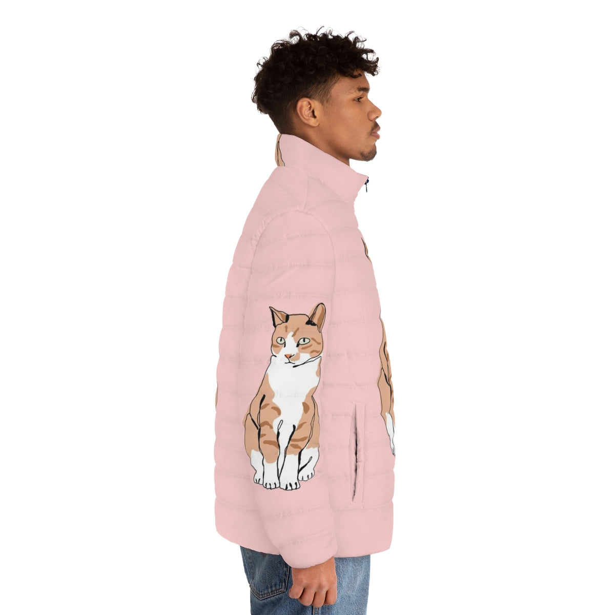 Adorable cat wearing a fashionable puffer jacket - men side right