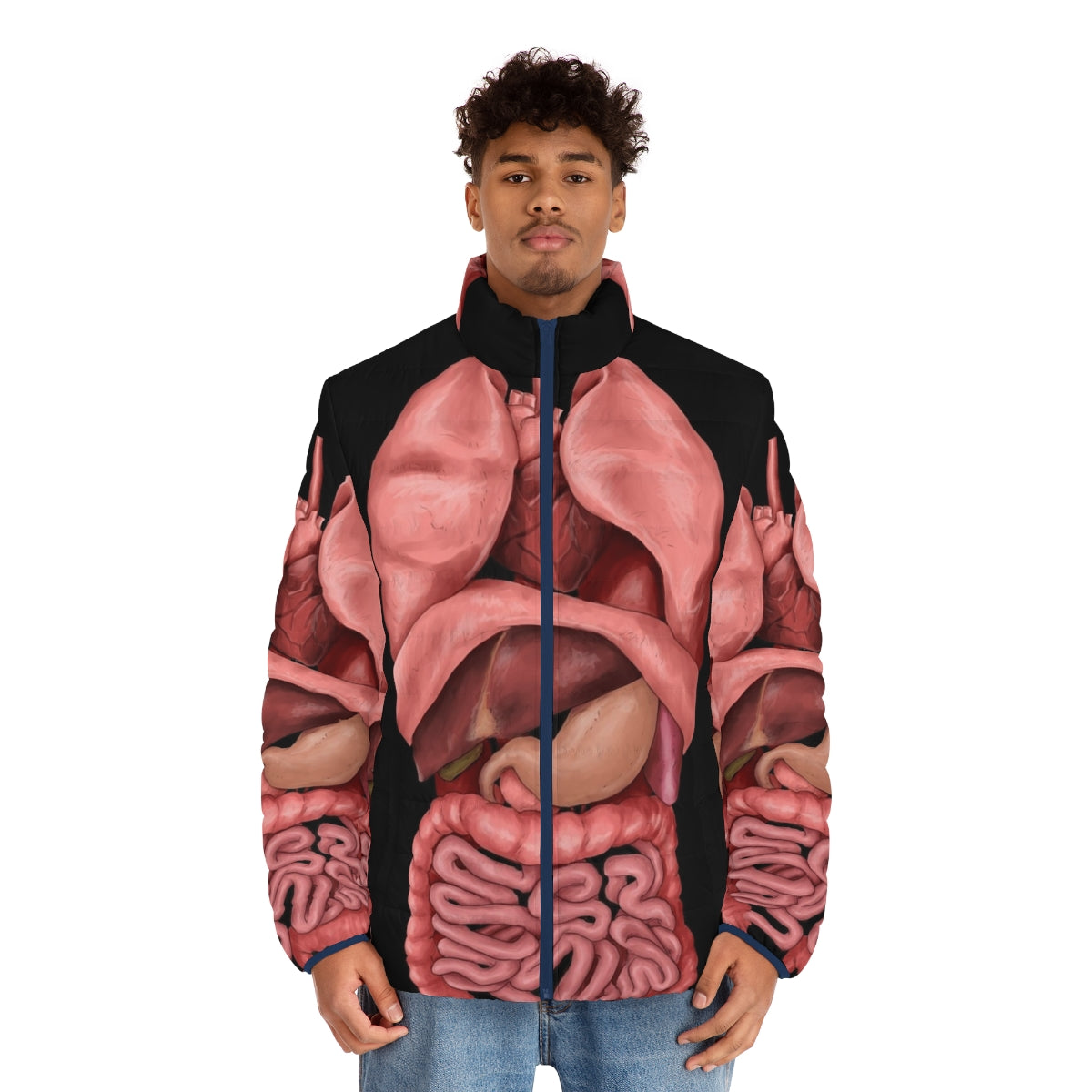 Puffer jacket with printed internal organs and human anatomy in watercolor style - men front