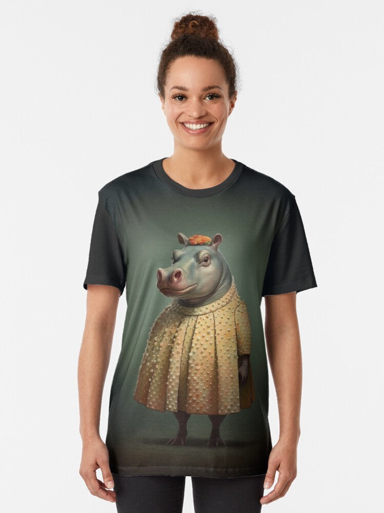 Vintage 1950s style graphic t-shirt featuring a personified hippopotamus character in yellow - Women