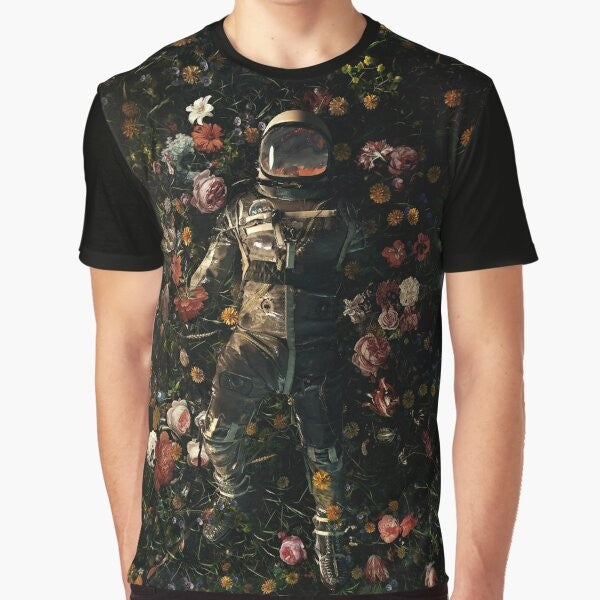 Interstellar Floral Graphic T-Shirt featuring a surreal design with flowers, space, and cosmic elements.