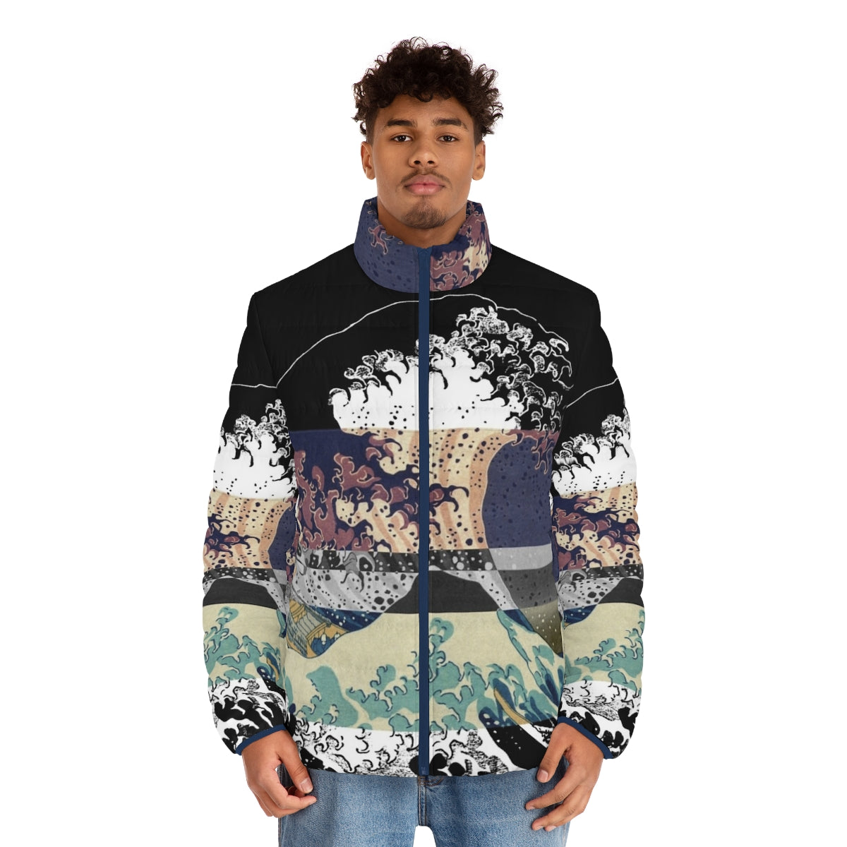 A puffer jacket featuring the iconic "Great Wave off Kanagawa" design with a color glitch effect, inspired by Japanese art and Tumblr aesthetics. - men front