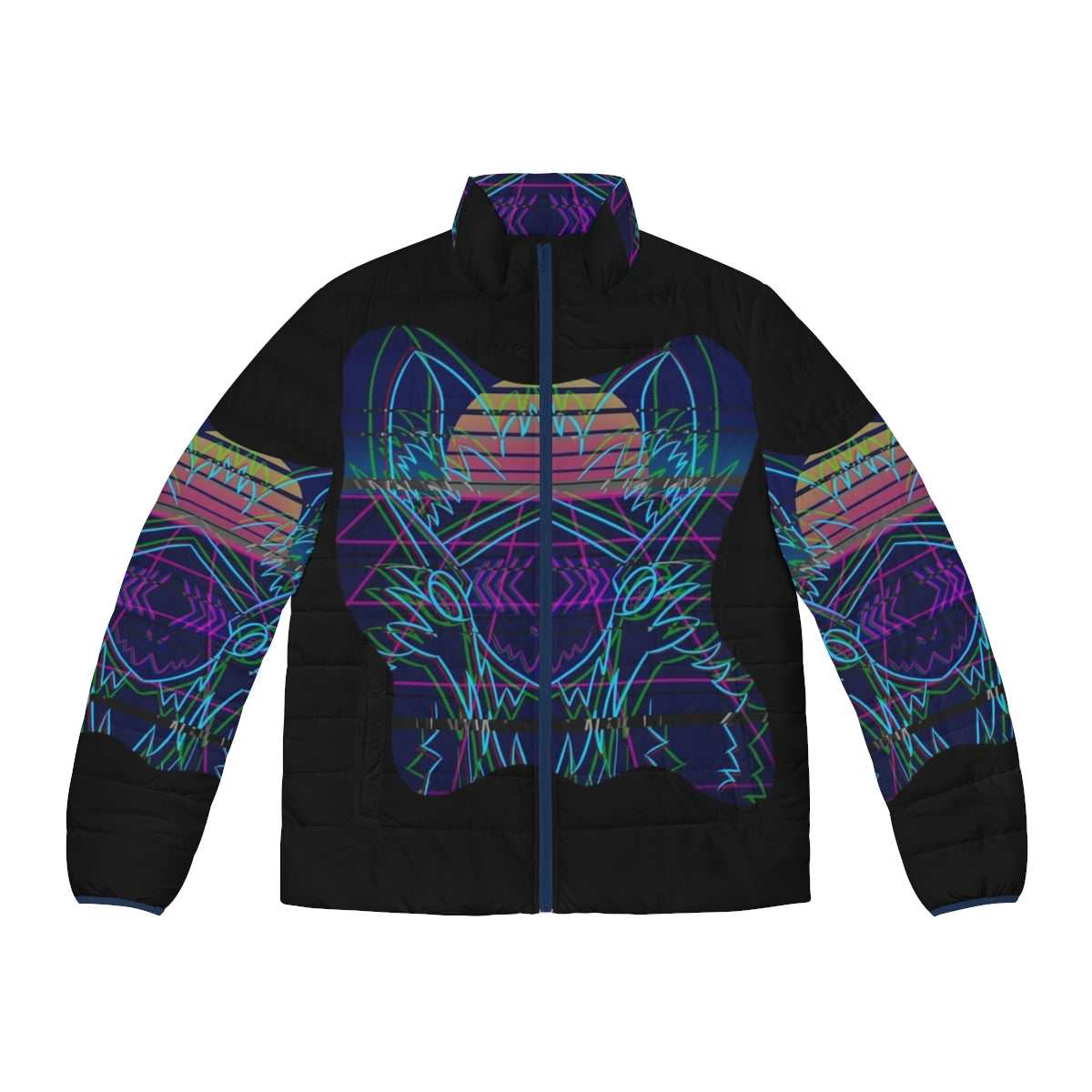 Retro DJ puffer jacket with protogen and cartoon designs