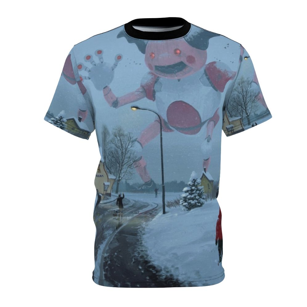 Mecha robot figure standing in a snowy, post-apocalyptic landscape on an all-over print t-shirt