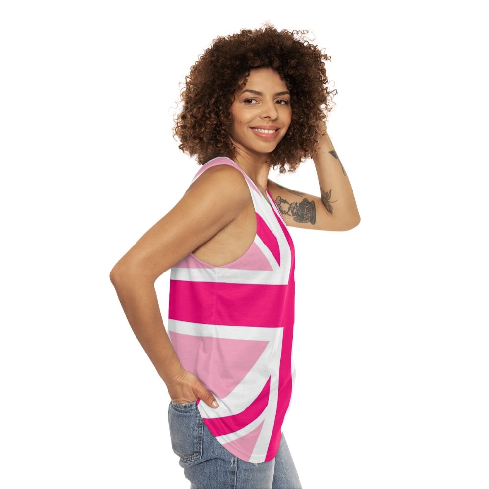 Unisex tank top with UK flag design for breast cancer awareness and LGBTQ pride - women side