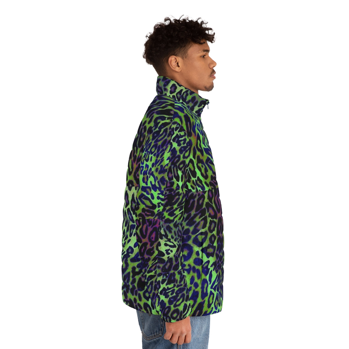 Colorful leopard skin pattern puffer jacket in shades of green and blue - men side right