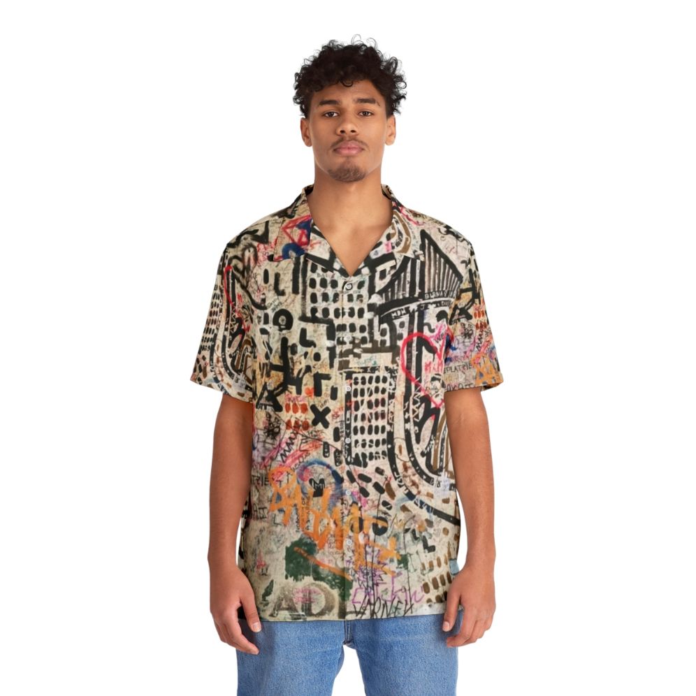 Banksy-inspired street art Hawaiian shirt with colorful pop art design - People Front