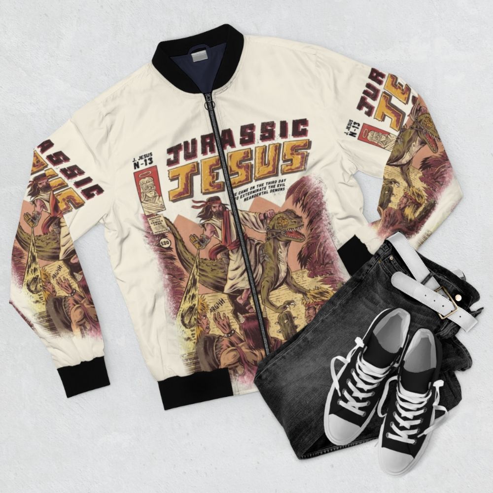 Vintage-style bomber jacket featuring a graphic of Jesus Christ with dinosaurs - Flat lay