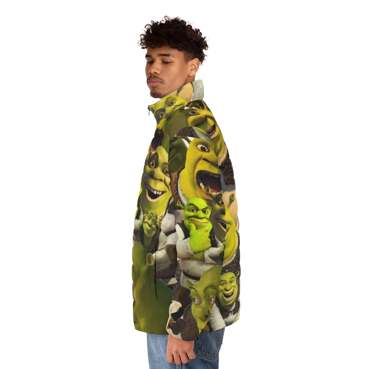 A vibrant green puffer jacket featuring the beloved character Shrek, perfect for fans of the popular culture phenomenon. - men side left