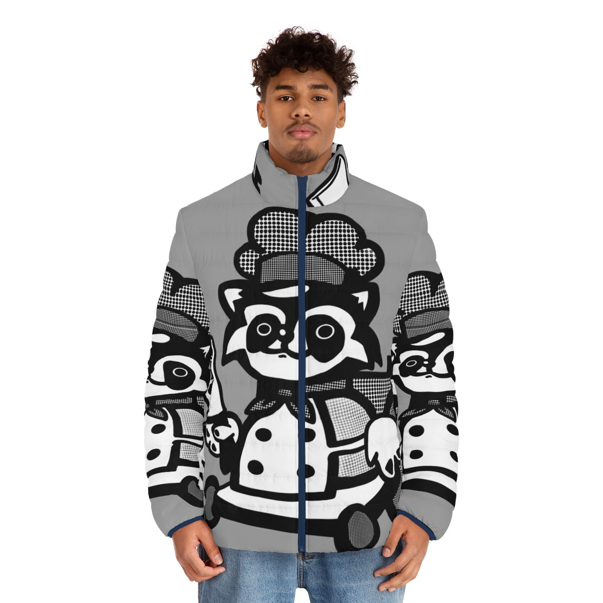 Overcooked Raccoon Puffer Jacket with Retro Comic Graphic - men front