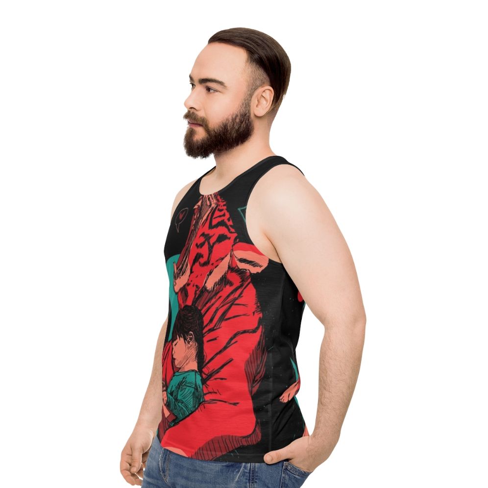 Unisex fantasy graphic tank top featuring a tiger and girl - men side