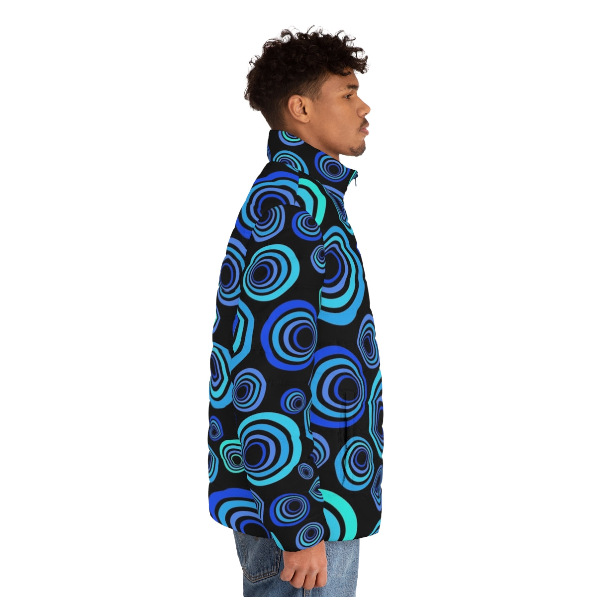 Retro blue abstract puffer jacket - men side right