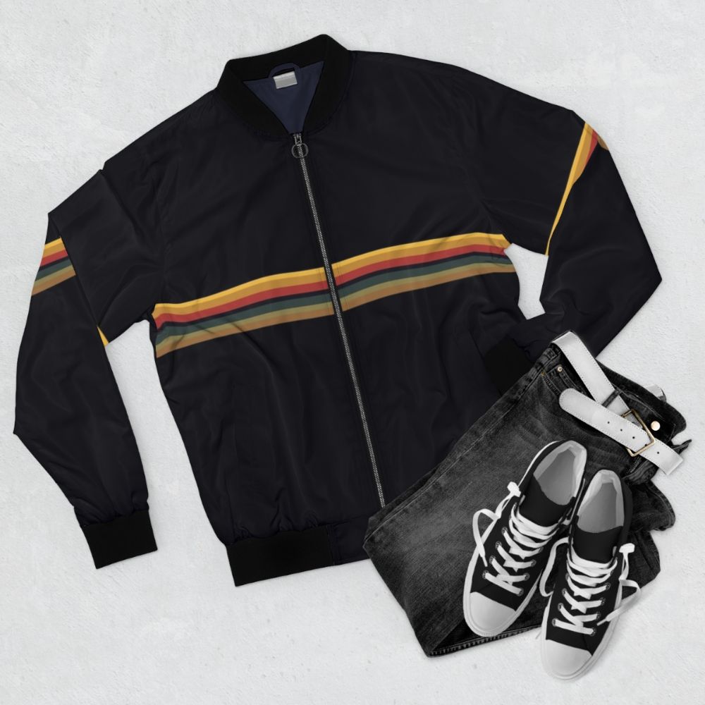 13th Doctor Jodie Whittaker Rainbow Stripe Bomber Jacket - Flat lay