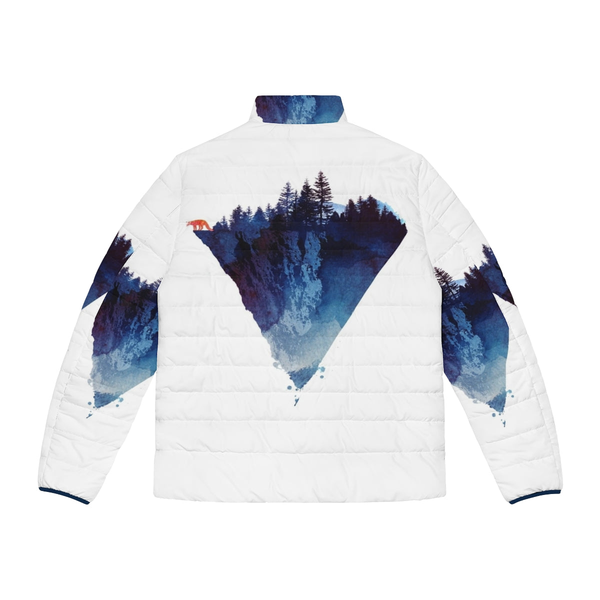 Watercolor-inspired puffer jacket featuring a fox design in a forest setting - Back