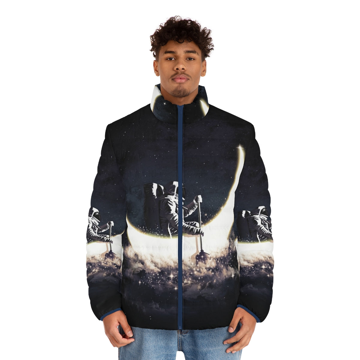 Stylish puffer jacket with a moon sailing and space-themed design - men front