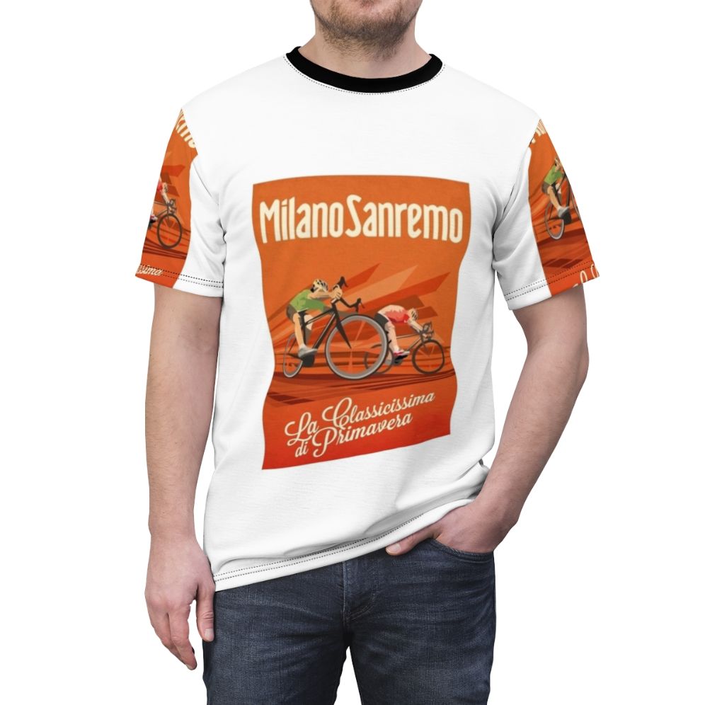 Retro cycling jersey inspired by the Milan-San Remo classic, featuring a vintage-style design with cycling imagery. - men front