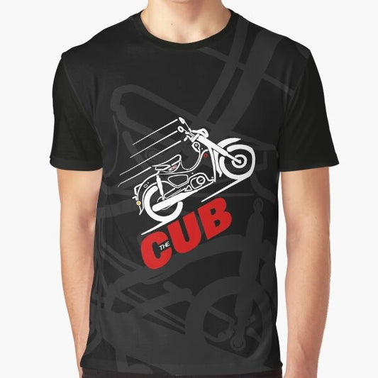 Cute classic line art design of a Honda Super Cub motorcycle on a graphic t-shirt