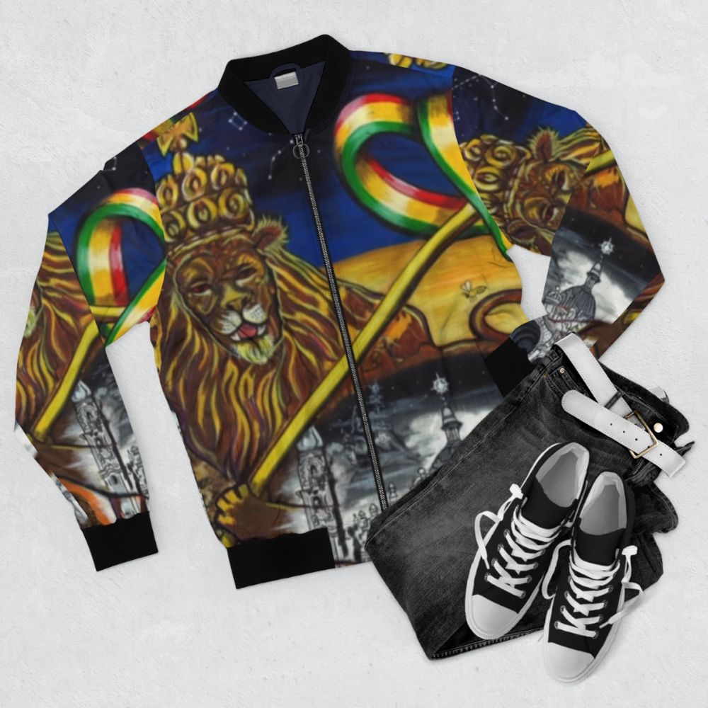 Midnite Zion Rastafarian Bomber Jacket with Lion of Judah Design - Flat lay