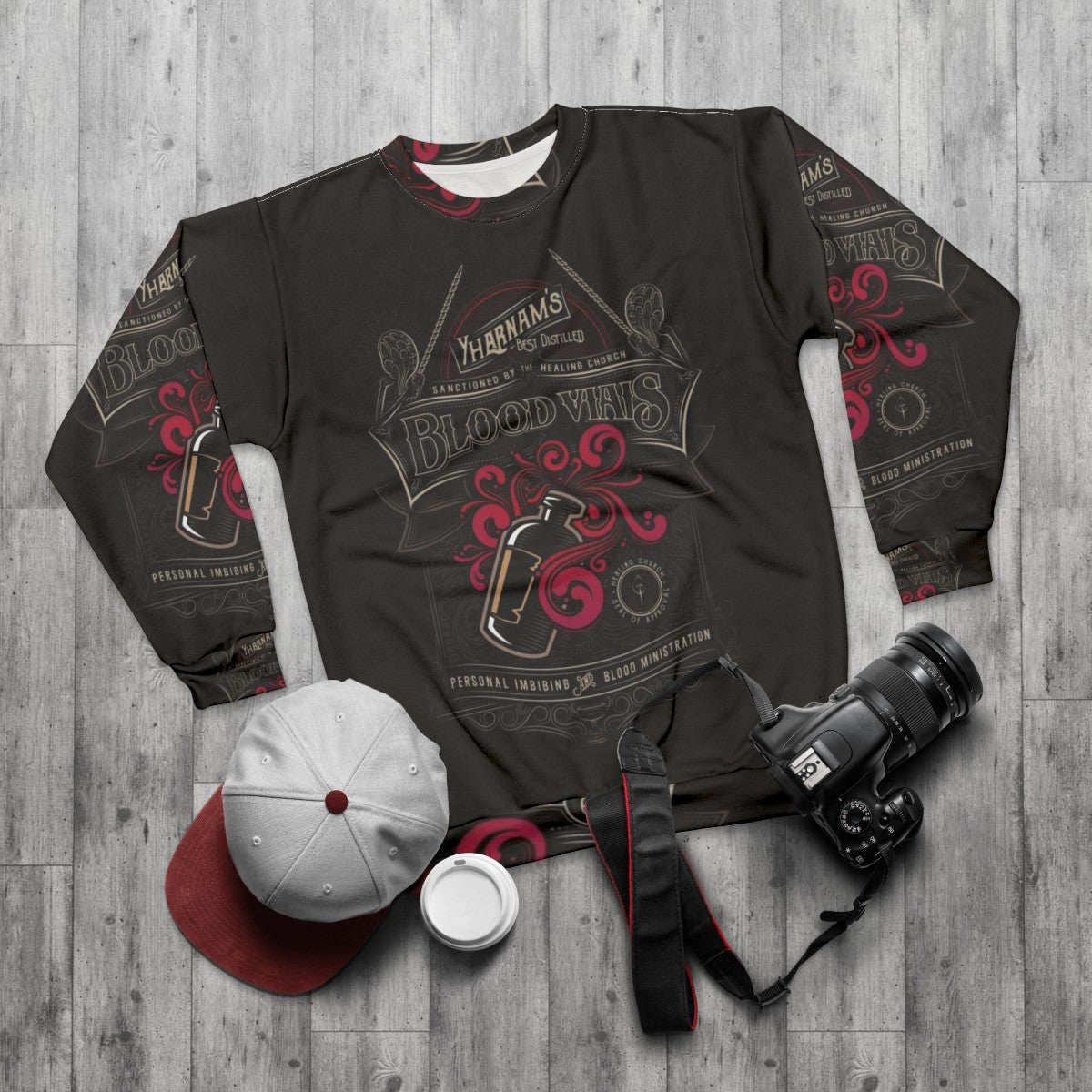 Yharnam Blood Vials Bloodborne Sweatshirt with Cosmic Horror Fanart - flat lay