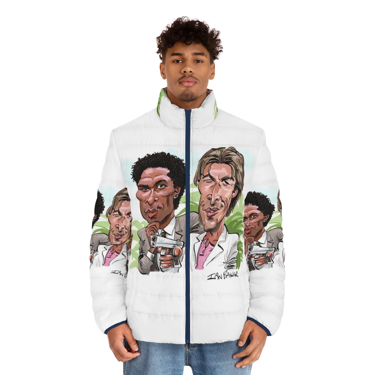 Miami Vice inspired 80s puffer jacket for men with cartoon caricature design - men front