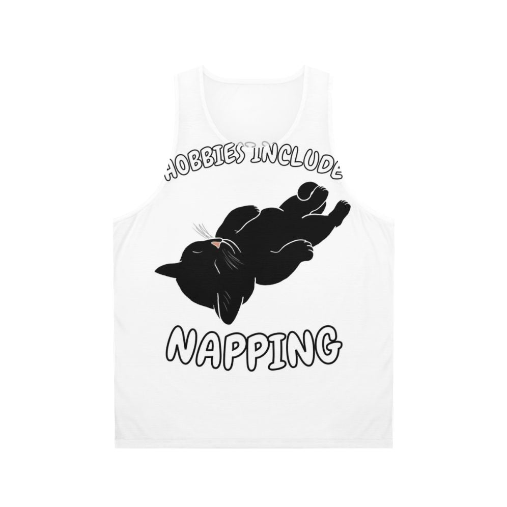 Unisex tank top with a black cat napping graphic