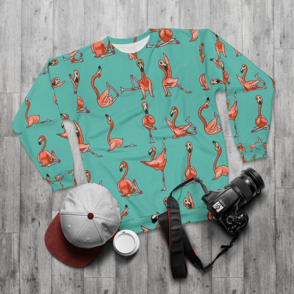 Flamingo Yoga Sweatshirt for Workout Motivation - flat lay