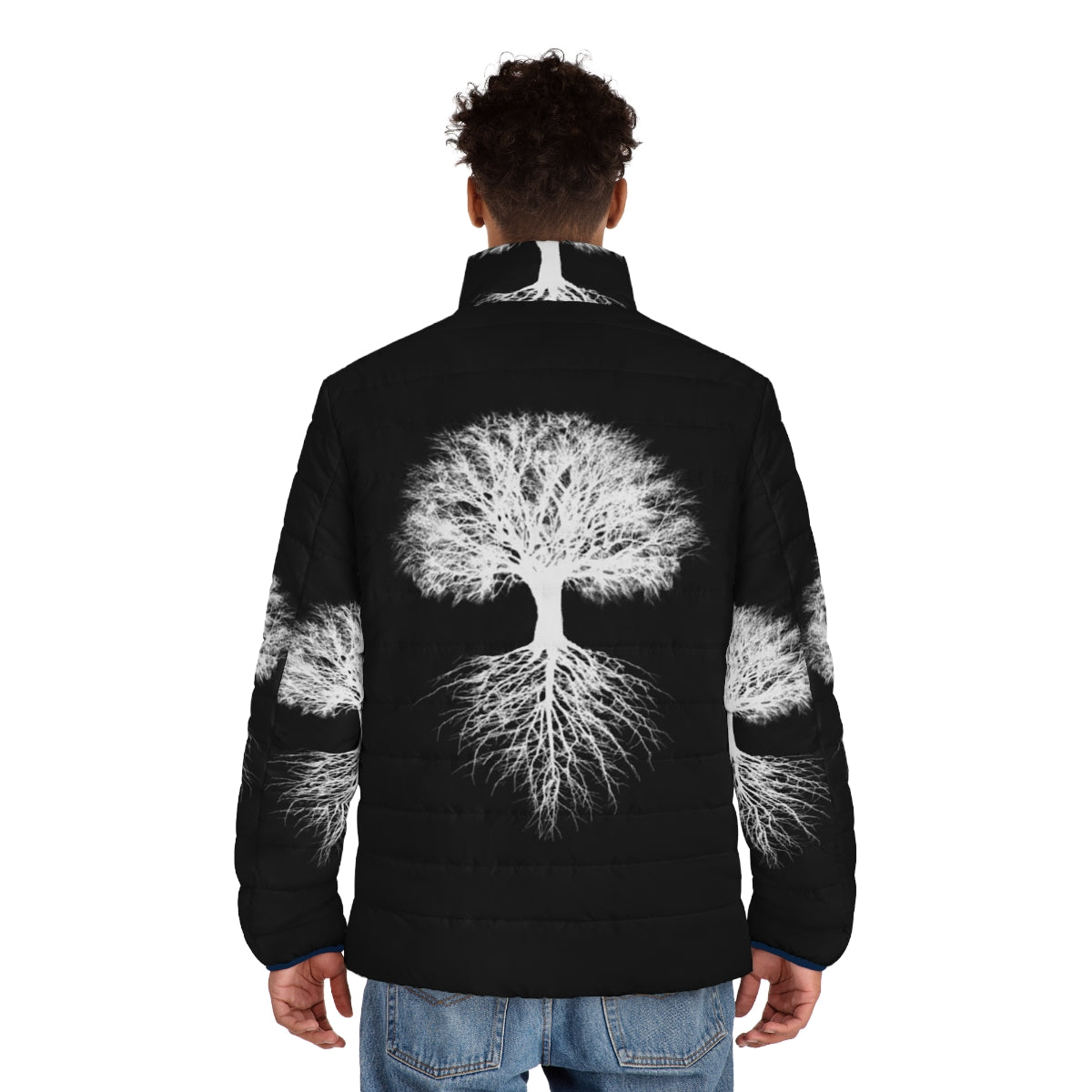 A person wearing a puffer jacket with a tree of life design, representing nature and environmental conservation. - men back