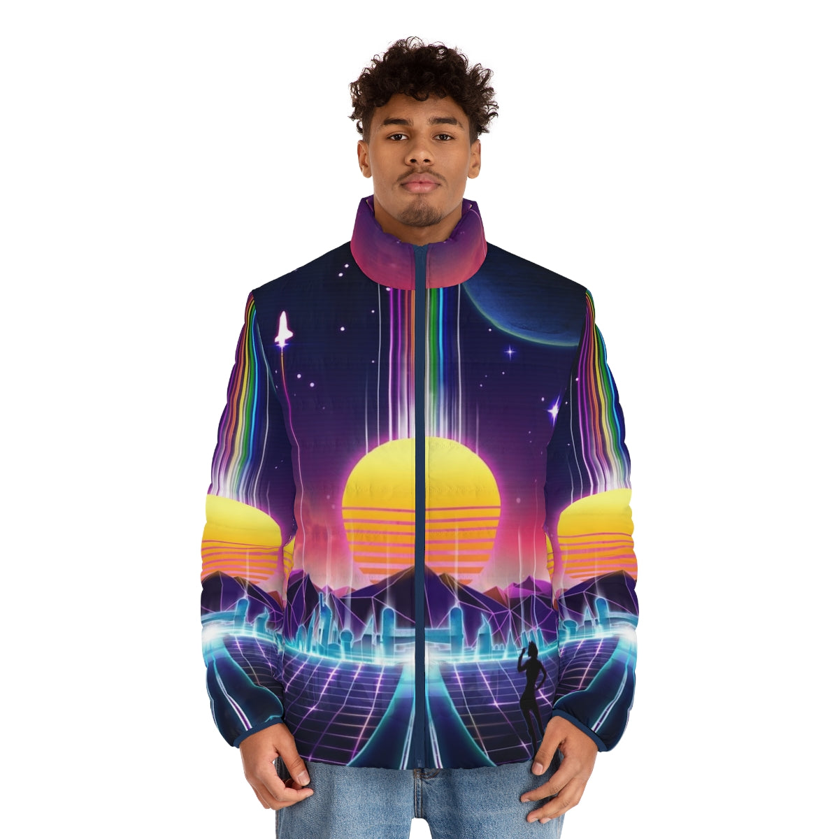 Neon Sunrise Retro Futuristic Puffer Jacket with video game and space exploration inspired design - men front