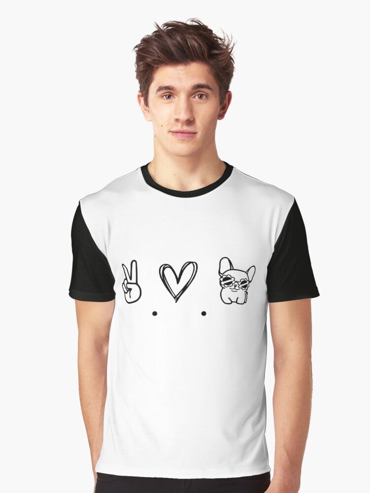 Minimalist graphic t-shirt design featuring a French bulldog with the text "Peace, Love and Frenchies" - Men