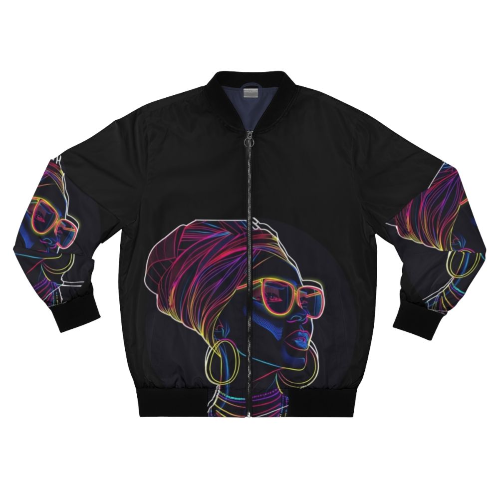 Radiant Queen Neon Bomber Jacket featuring a vibrant, glowing silhouette of an African woman in modern, artistic illustration style.