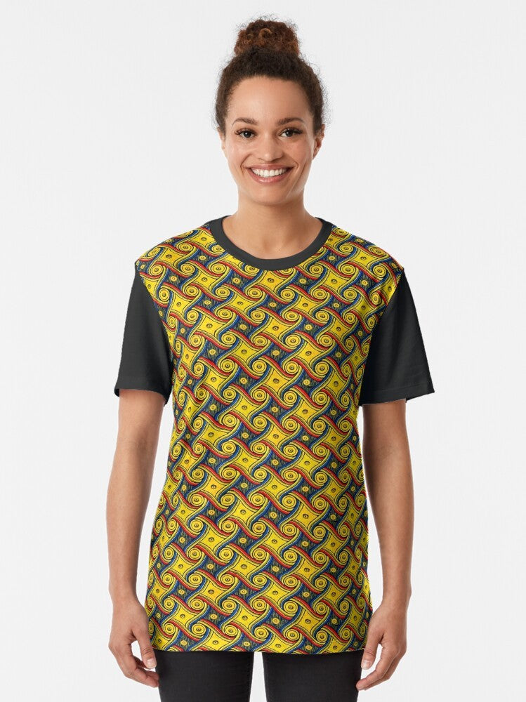 Retro hotel carpet pattern art graphic t-shirt featuring a vibrant, colorful spiral design inspired by the Gally Hotel carpet at LAX. - Women