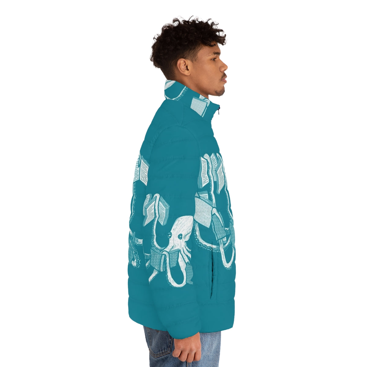 Puffer jacket with an octopus, squid, and book graphic design for book lovers - men side right