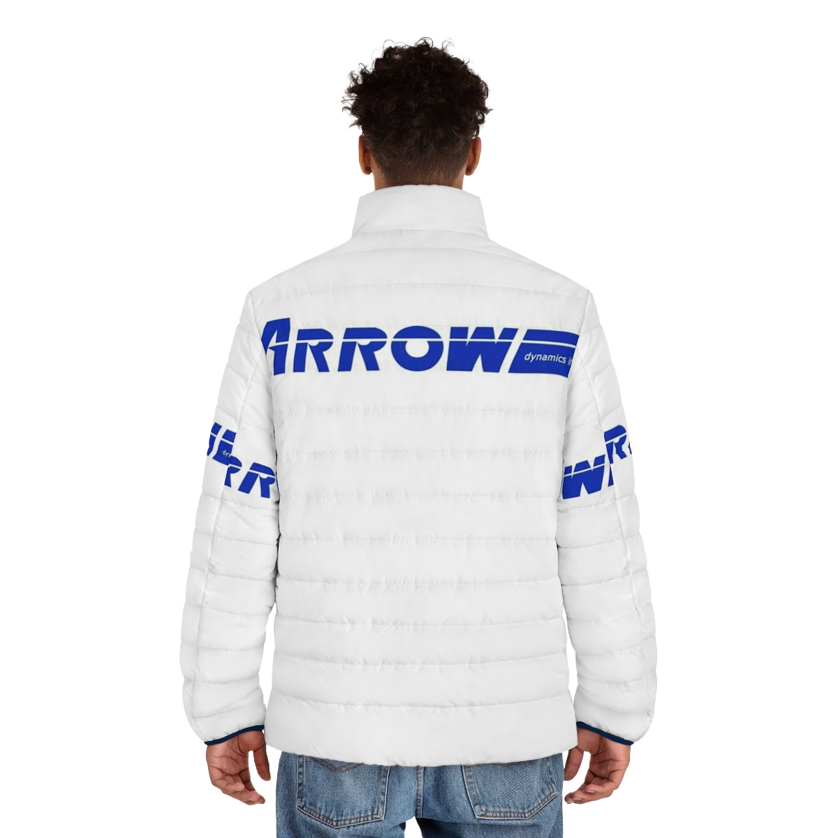 Retro blue puffer jacket with Arrow Dynamics legacy design - men back