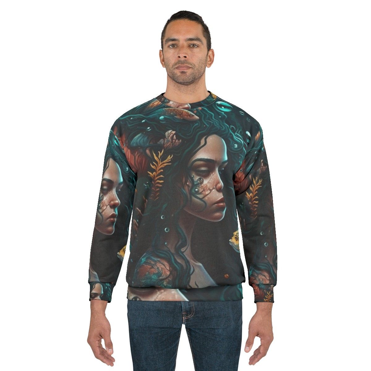 Whimsical sweatshirt featuring mythical sea creatures and fantasy beasts - men