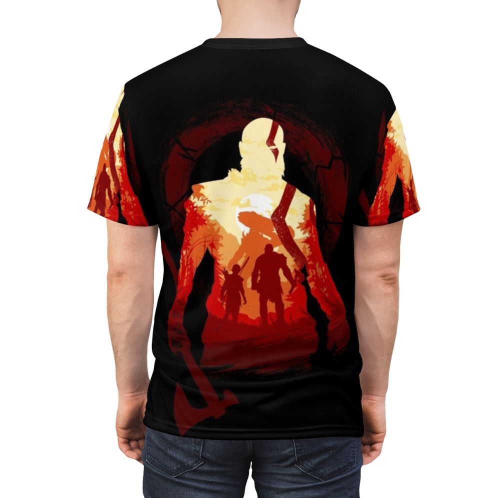 Graphic t-shirt design inspired by the God of War video game series, featuring characters Kratos and Atreus. - men back