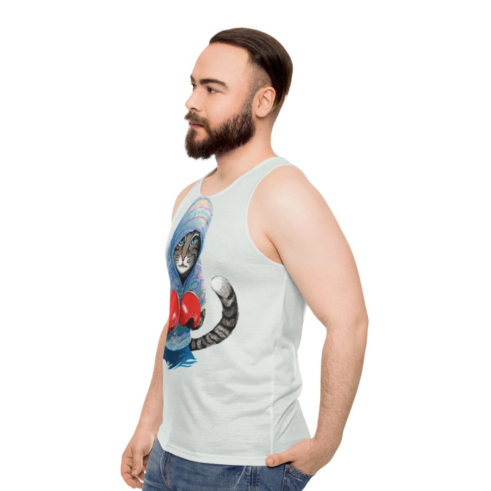 Unisex boxing cat tank top with cute animal pattern design - men side