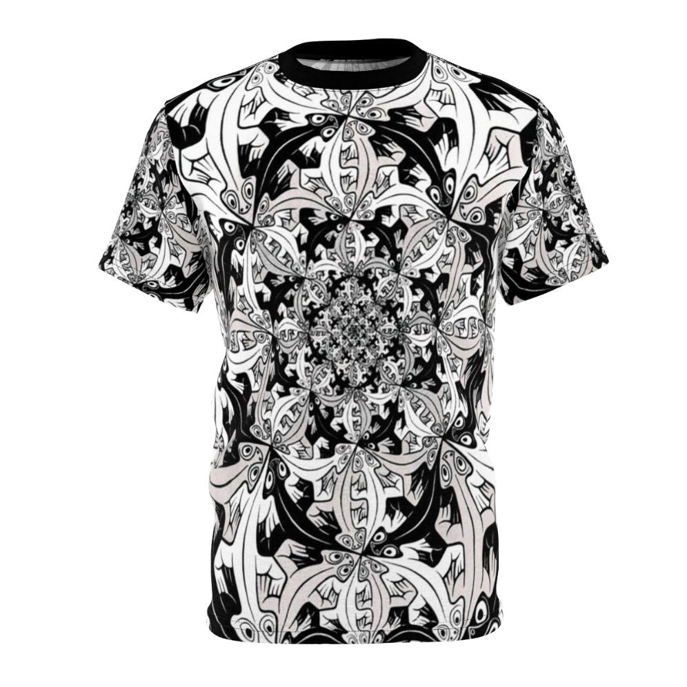 T-shirt featuring a surreal, geometric design inspired by the artwork of M.C. Escher