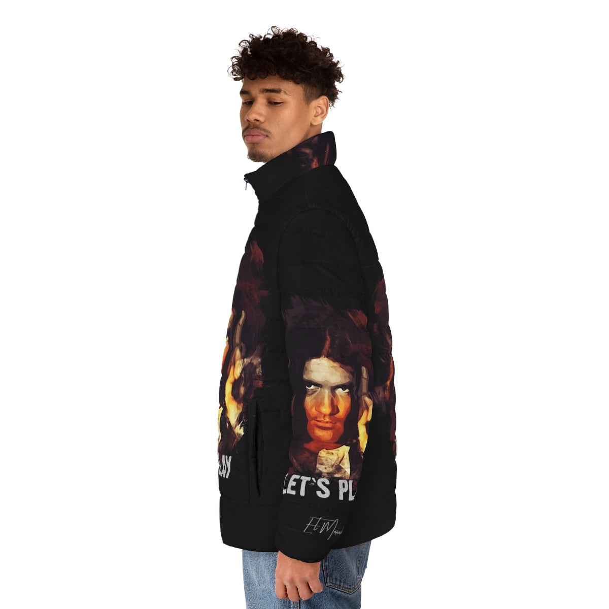 El Mariachi Puffer Jacket, featuring a guitar-playing protagonist from the iconic film - men side left