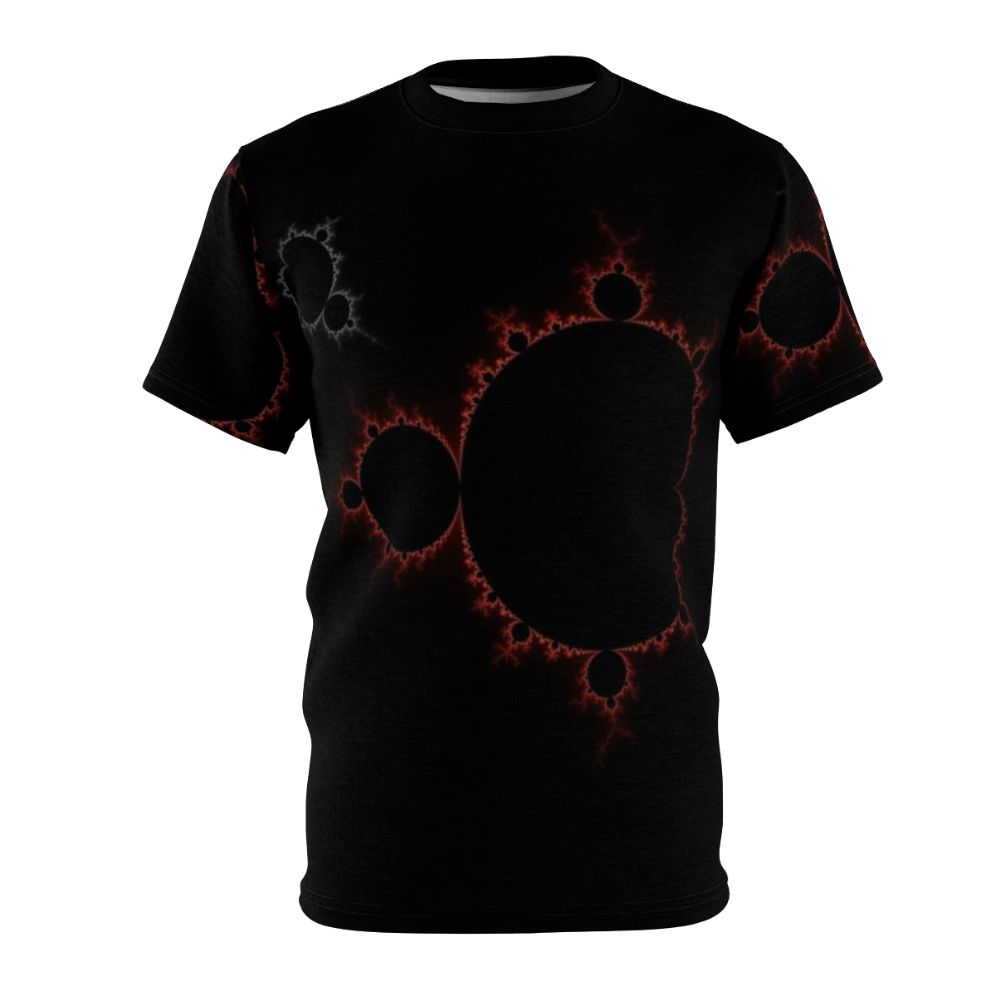 Mandelbrot set fractal design printed on a red t-shirt