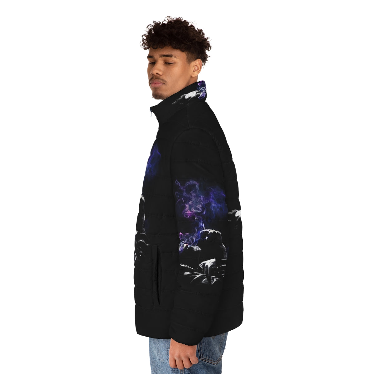 Photorealistic image of a Tom Waits-inspired puffer jacket with a smoking nebula design - men side left