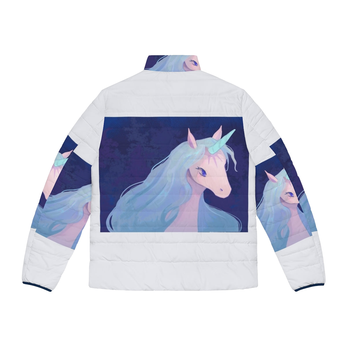 The Last Unicorn Illustration Puffer Jacket featuring a magical unicorn in a fantasy setting - Back